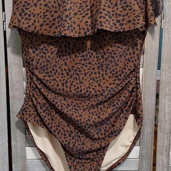 Brown Animal Print Bandeau Flounce High Coverage Swimsuit | Kona Sol | X Large - Picture 3 of 11